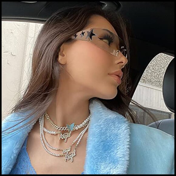 Y2K Rimless Wrap Around Sunglasses Star Pattern Futuristic Shield Shades